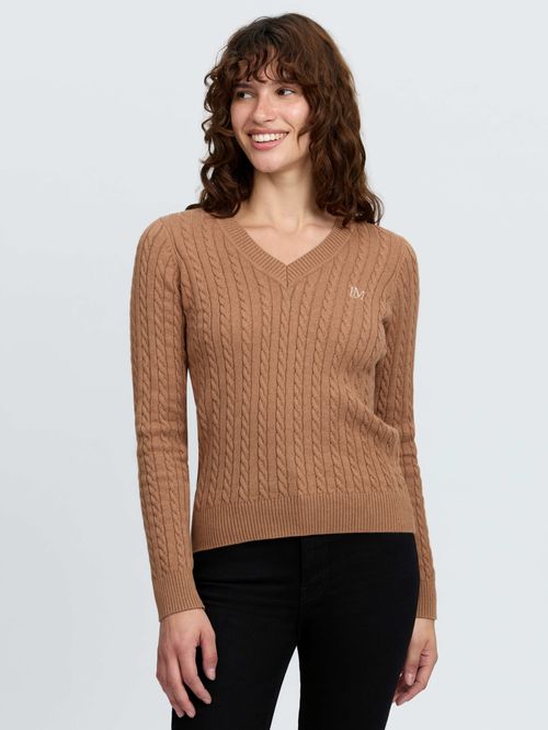 LeMieux Women's Carla Cable V-Neck Knit Jumper - Caramel