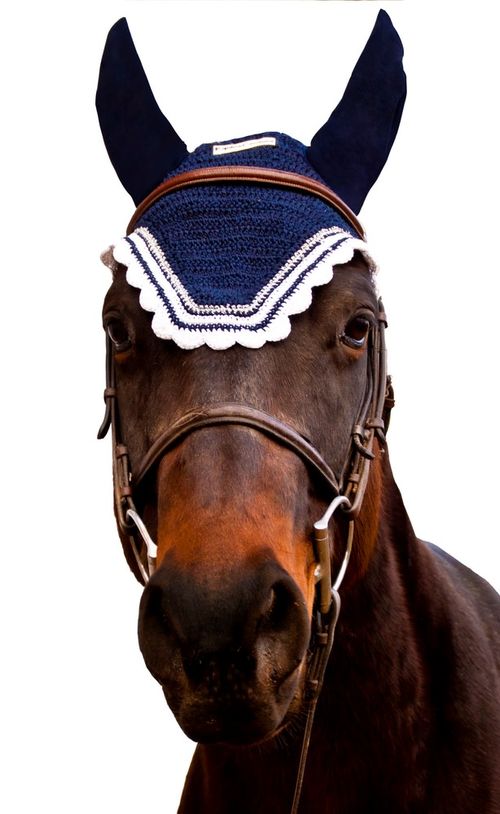 Equine Couture Fly Bonnet with Silver Lurex and Contrast Color - EC Navy/White
