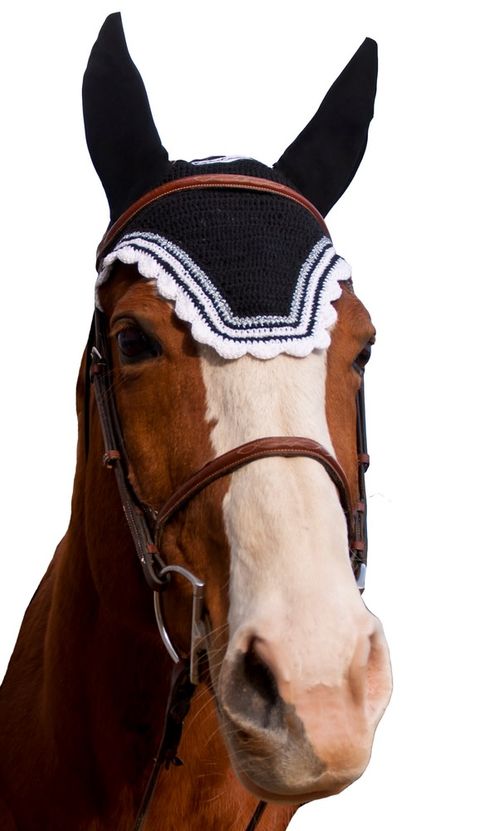 Equine Couture Fly Bonnet with Silver Lurex and Contrast Color - Black/White