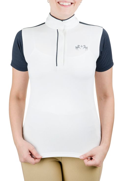 Equine Couture Women's Magda Equicool Short Sleeve Show Shirt - White/EC Navy