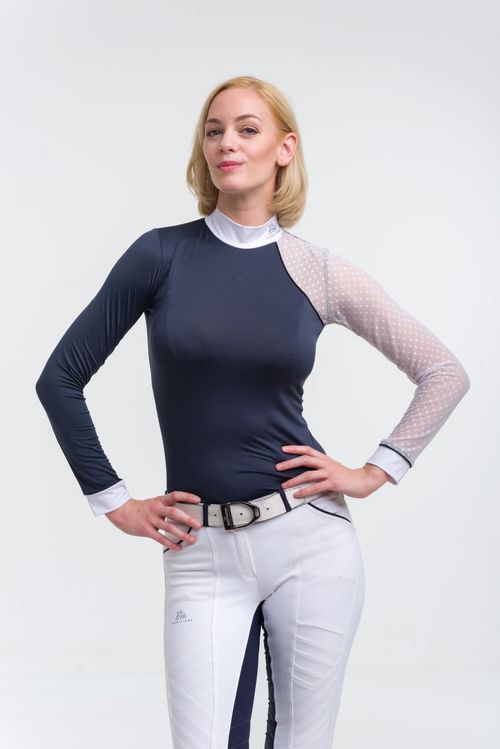 Cavalliera Women's Modern Dame Long Sleeve Show Shirt - Navy Blue/White/Navy Blue