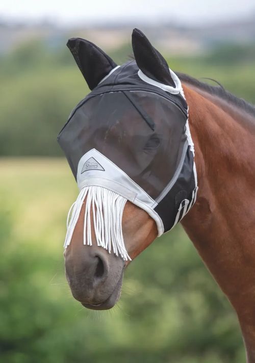 Shires Fine Mesh Fly Mask w/Nose Fringe - Black