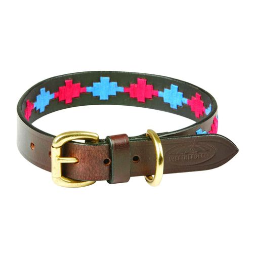 Weatherbeeta Polo Leather Dog Collar - Beaufort Brown/Pink/Blue