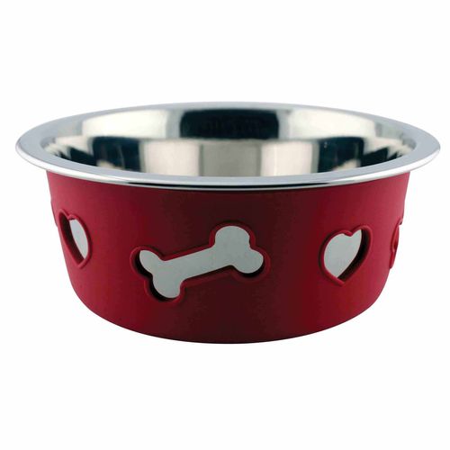 Weatherbeeta Non-Slip Stainless Steel Silicone Bone Dog Bowl - Raspberry