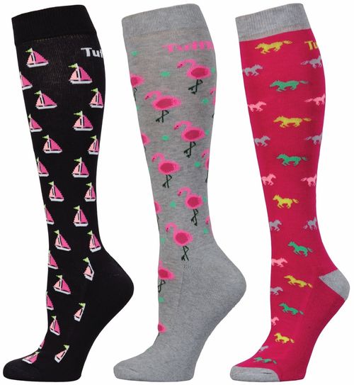 TuffRider Women's Flamingo/Boat/Horse Knee High Socks - Gray Melange/ Black/Hot Pink
