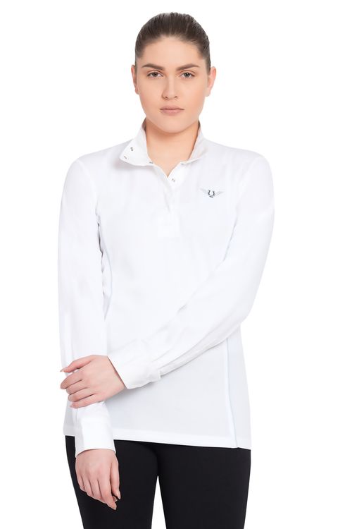 TuffRider Women's Kirby Kwik Dry Long Sleeve Show Shirt - White/Glacier Blue