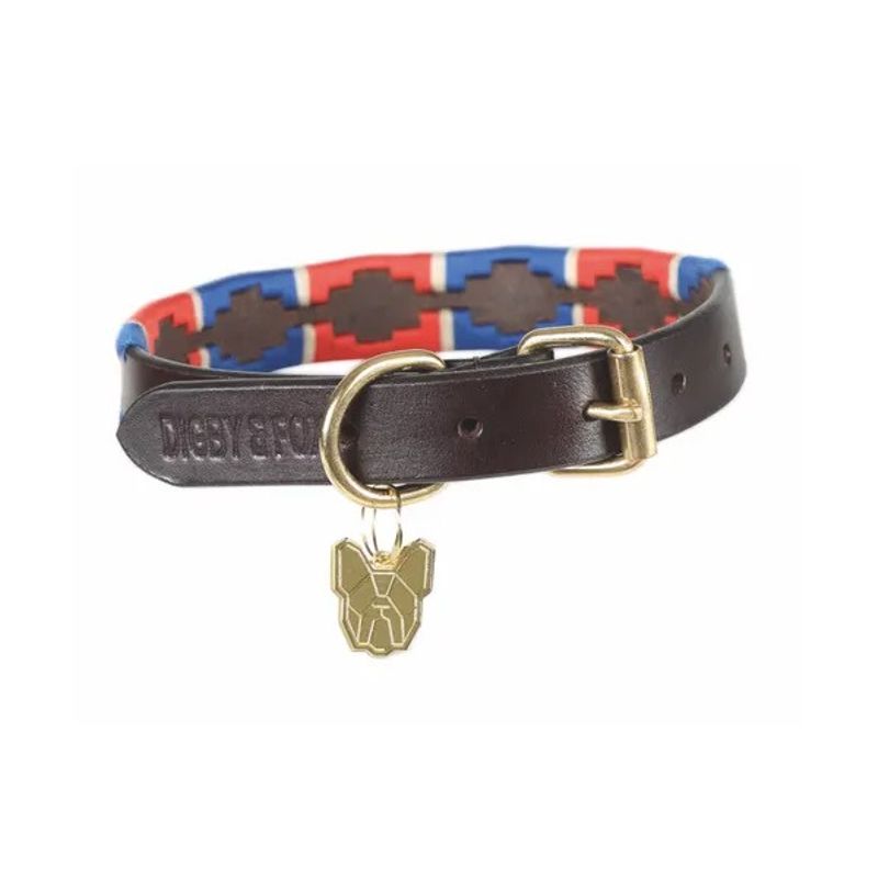 Ruby Red Dog Collar with Navy Leather + Ivory and Gray Stitching