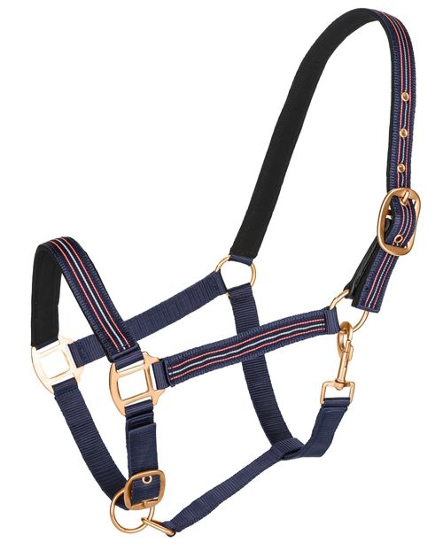 TuffRider Nylon Rose Gold Hardware Breakaway Halter w/Padded Crown - Navy/Pink/Gray