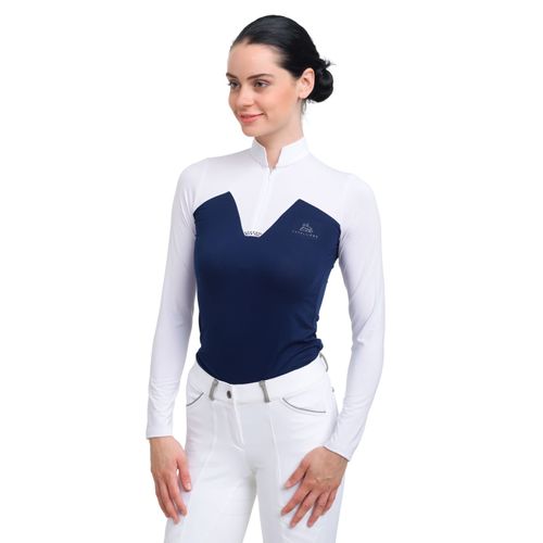 Cavalliera Women's POP Long Sleeve Show Shirt - White/Navy Blue