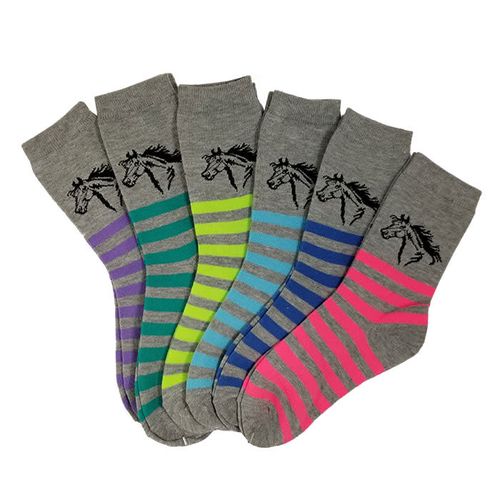 Kelley and Company Women's Stripes w/Horse Head Crew Socks 6 Pack - MultiColor