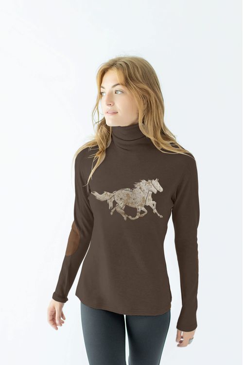 Chestnut Bay Women's Rider Lounge Turtleneck - Dark Truffle Running Horses