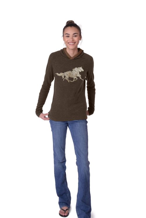 Chestnut Bay Women's Rider Lounge Hoodie - Dark Truffle Running Horses
