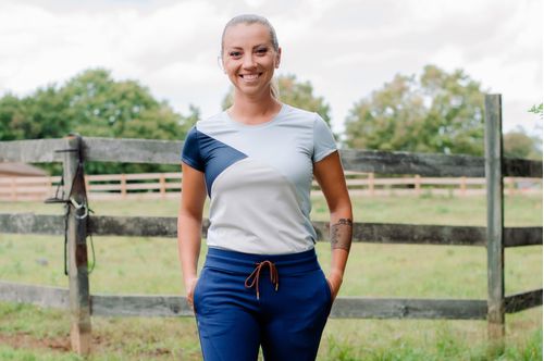 Redingote Women's Color Block Short Sleeve Shirt - Navy/Lt Blue/Tan