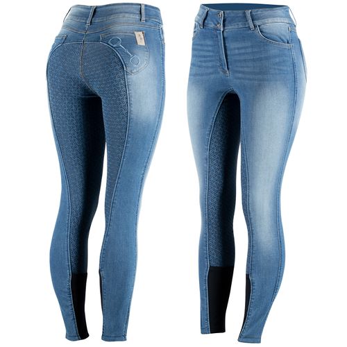 OUTLET: Horze Women's Kaia Highwaist Denim Silicone Full Seat Breech - EU 44/US 32 - Lead Blue