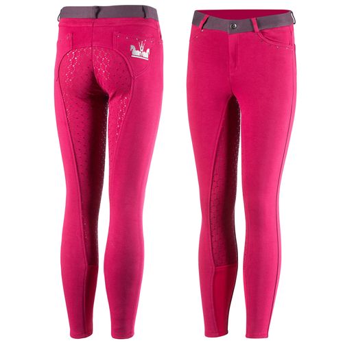 READY TO SHIP: Horze Kids' Lilian Full Seat Breeches - EU 140/US Medium - Cerise Red/Plum Perfect