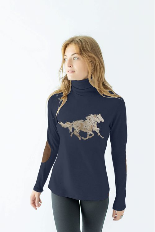 READY TO SHIP: Chestnut Bay Women's Rider Lounge Turtleneck - Small - Dark Navy Running Horses