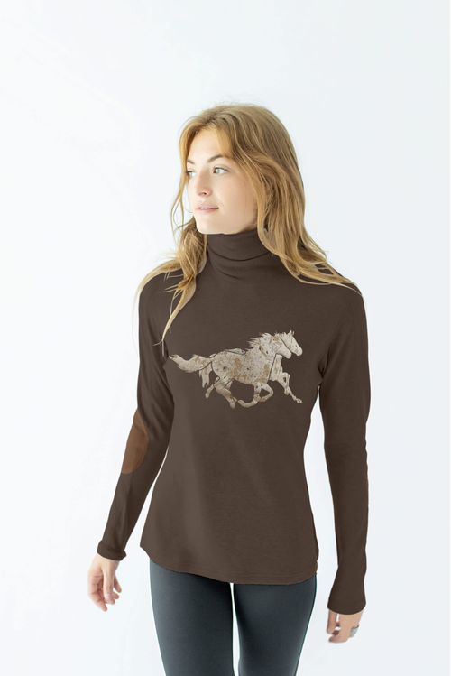 READY TO SHIP: Chestnut Bay Women's Rider Lounge Turtleneck - X Small - Dark Truffle Running Horses