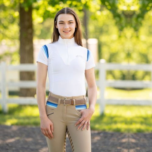Equine Couture Women's Gradient Short Sleeve Show Shirt w/Arm Stripes - White/Blue