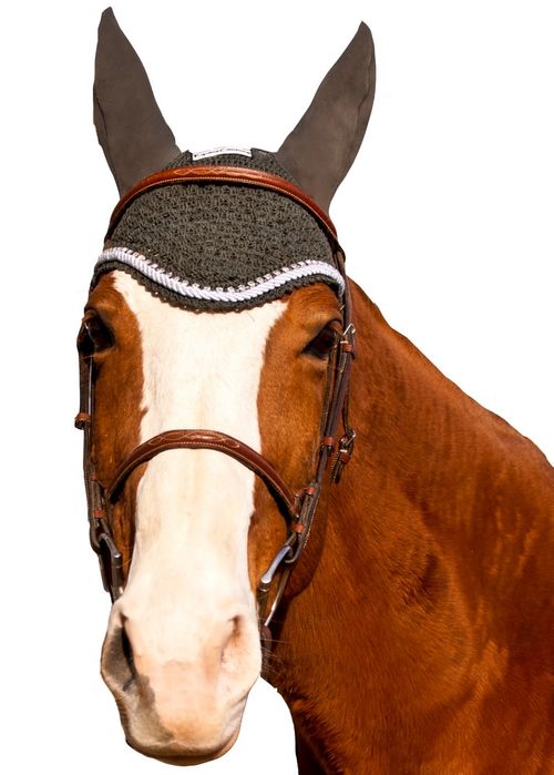 OUTLET: Equine Couture Fly Bonnet with Silver Rope and Crystals - Horse - Dark Charcoal