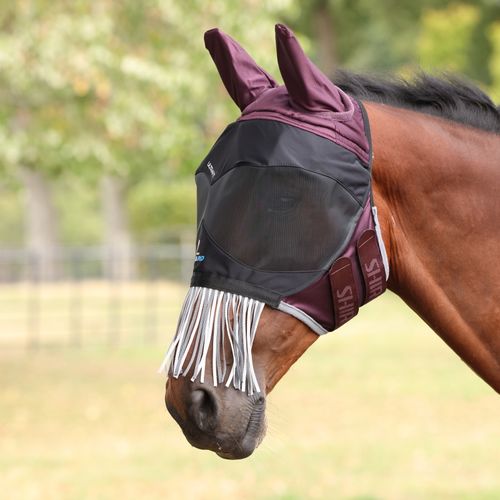 Shires FlyGuard Pro Deluxe Fly Mask w/Ears & Fringe - Black Cherry