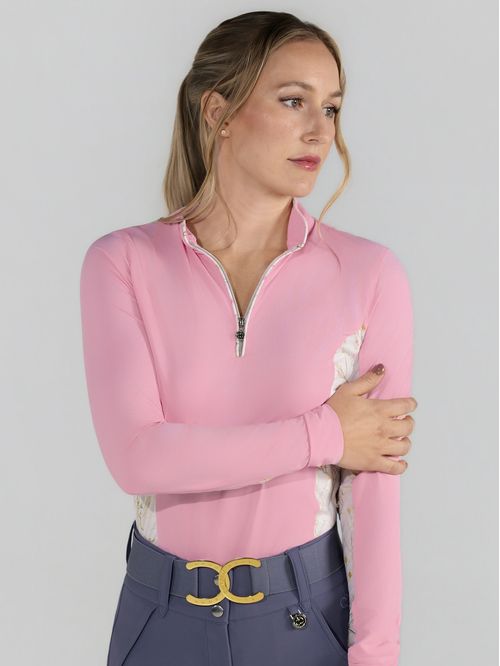 Dapplebay Women's Grace 1/4 Zip Long Sleeve Riding Top - Light Pink/Dragonfly Meadow