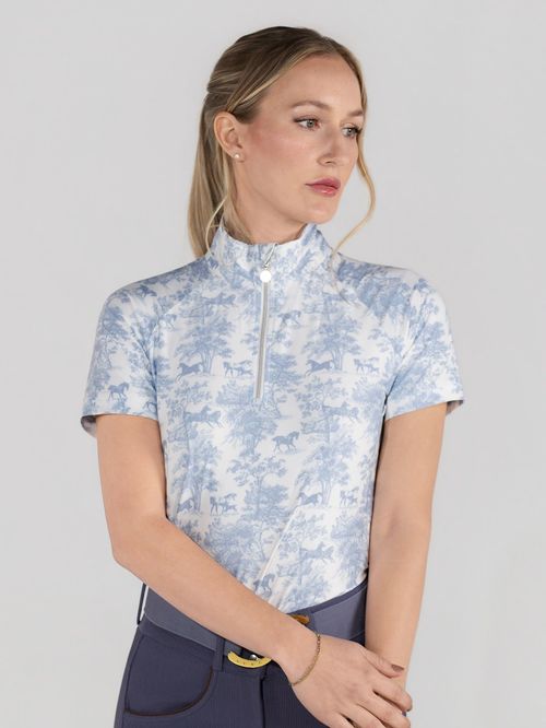 Dapplebay Women's 1/4 Zip Short Sleeve Shirt - Moonrise Equestrian Toile