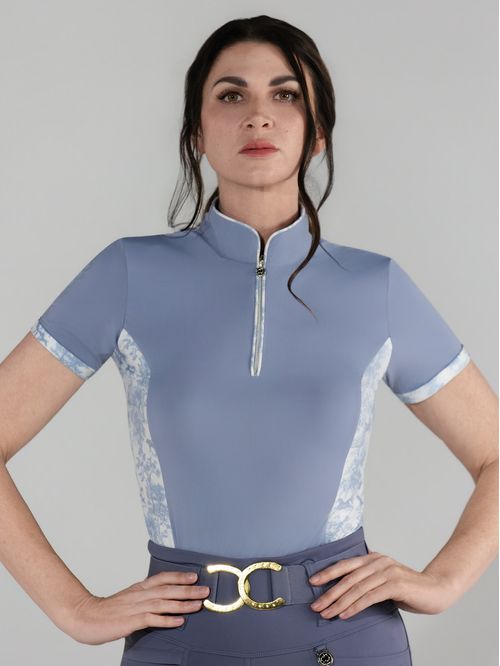 Dapplebay Women's Grace 1/4 Zip Short Sleeve Riding Top - Moonrise/Equestrian Toile