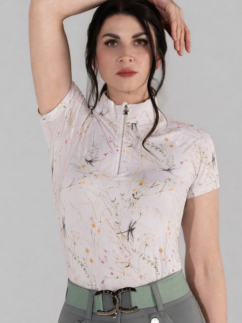 Dapplebay Women's 1/4 Zip Short Sleeve Shirt - Light Pink Dragonfly Meadow