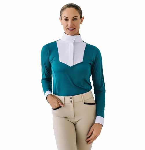 OUTLET: Ovation Women's Bib Front Long Sleeve Show Shirt - X Large - Deep Teal/Peaceful Retreat