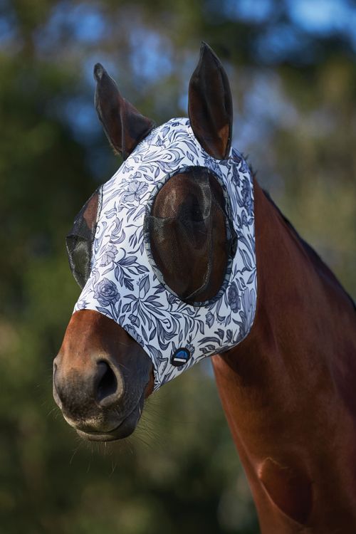 OVERSTOCK: Weatherbeeta Comfitec Stretch Fly Mask w/Ears - Small - White/Navy Floral Print